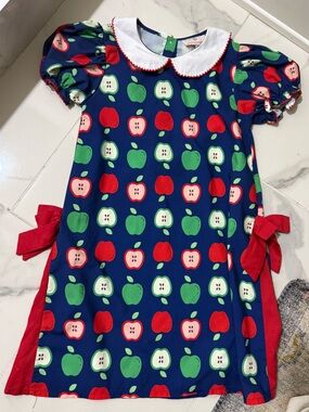 Smockingbird Apple Print Shift Dress w/Red Bows & Peter Pan Collar